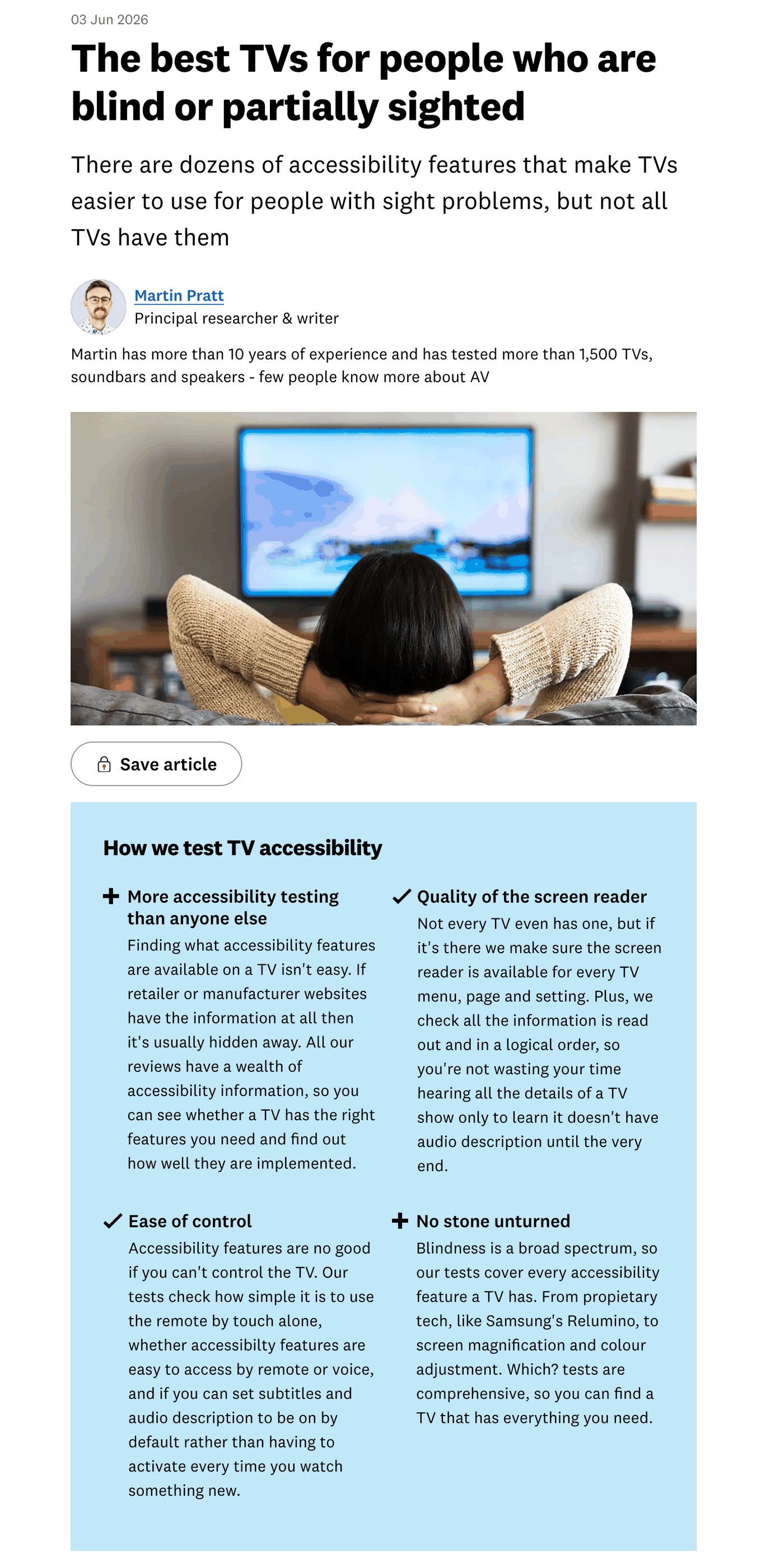 Screenshot of a Which? article headlined 'The best TVs for people who are blind or partially sighted'. A panel titled 'How we test TV accessibility' lists four areas: more accessibility testing than anyone else, quality of the screen reader, ease of control, and no stone unturned.